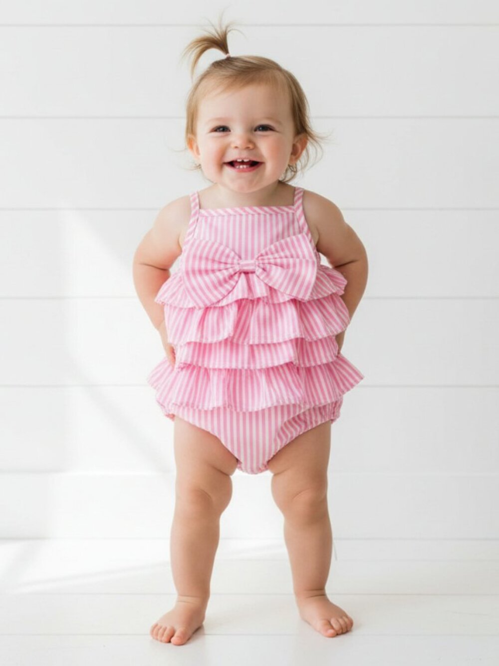 Pink & White Striped Ruffle Romper, NWT